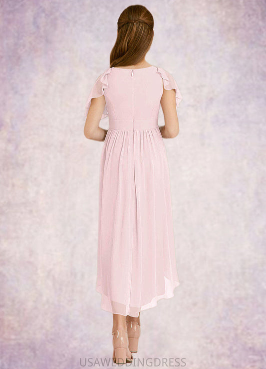 Melina A-Line Ruched Chiffon Asymmetrical Junior Bridesmaid Dress Blushing Pink DSP0022862