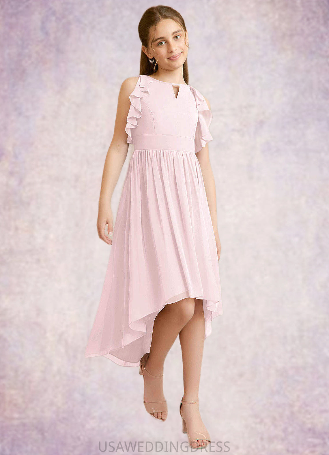 Melina A-Line Ruched Chiffon Asymmetrical Junior Bridesmaid Dress Blushing Pink DSP0022862