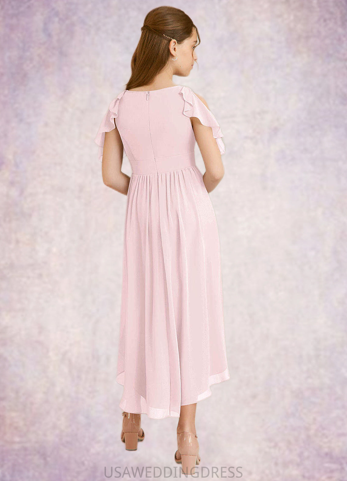 Melina A-Line Ruched Chiffon Asymmetrical Junior Bridesmaid Dress Blushing Pink DSP0022862
