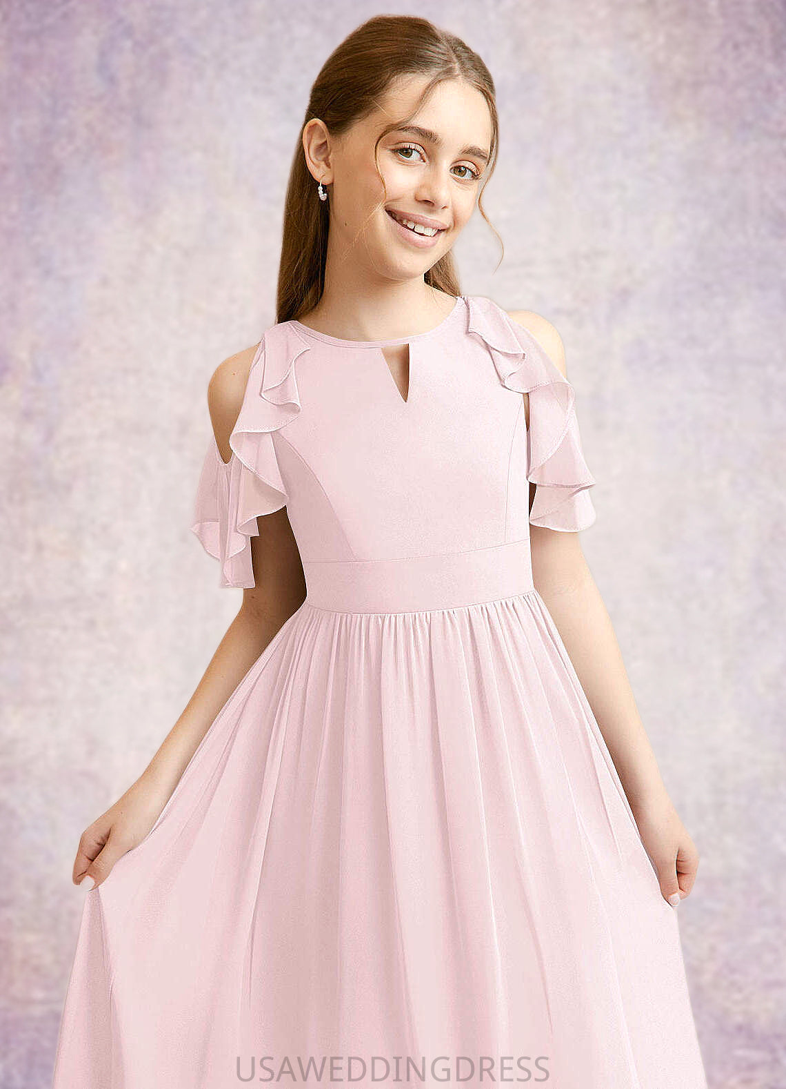 Melina A-Line Ruched Chiffon Asymmetrical Junior Bridesmaid Dress Blushing Pink DSP0022862