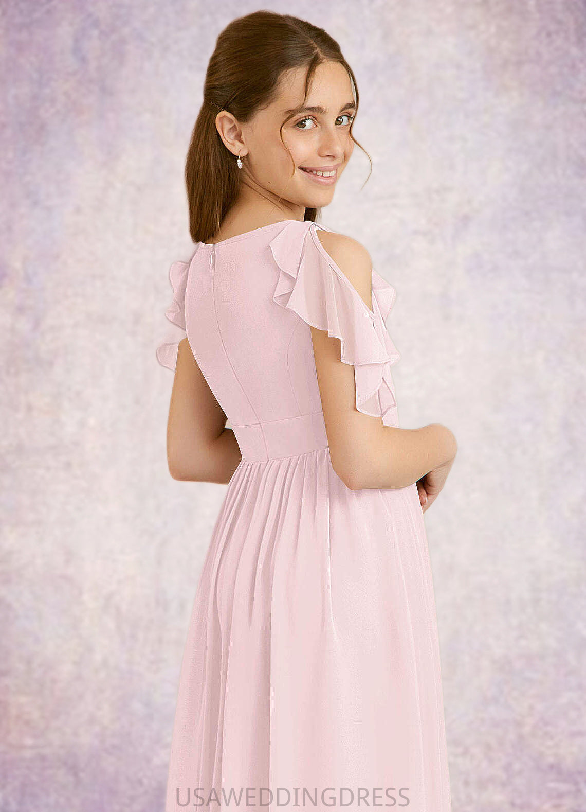 Melina A-Line Ruched Chiffon Asymmetrical Junior Bridesmaid Dress Blushing Pink DSP0022862