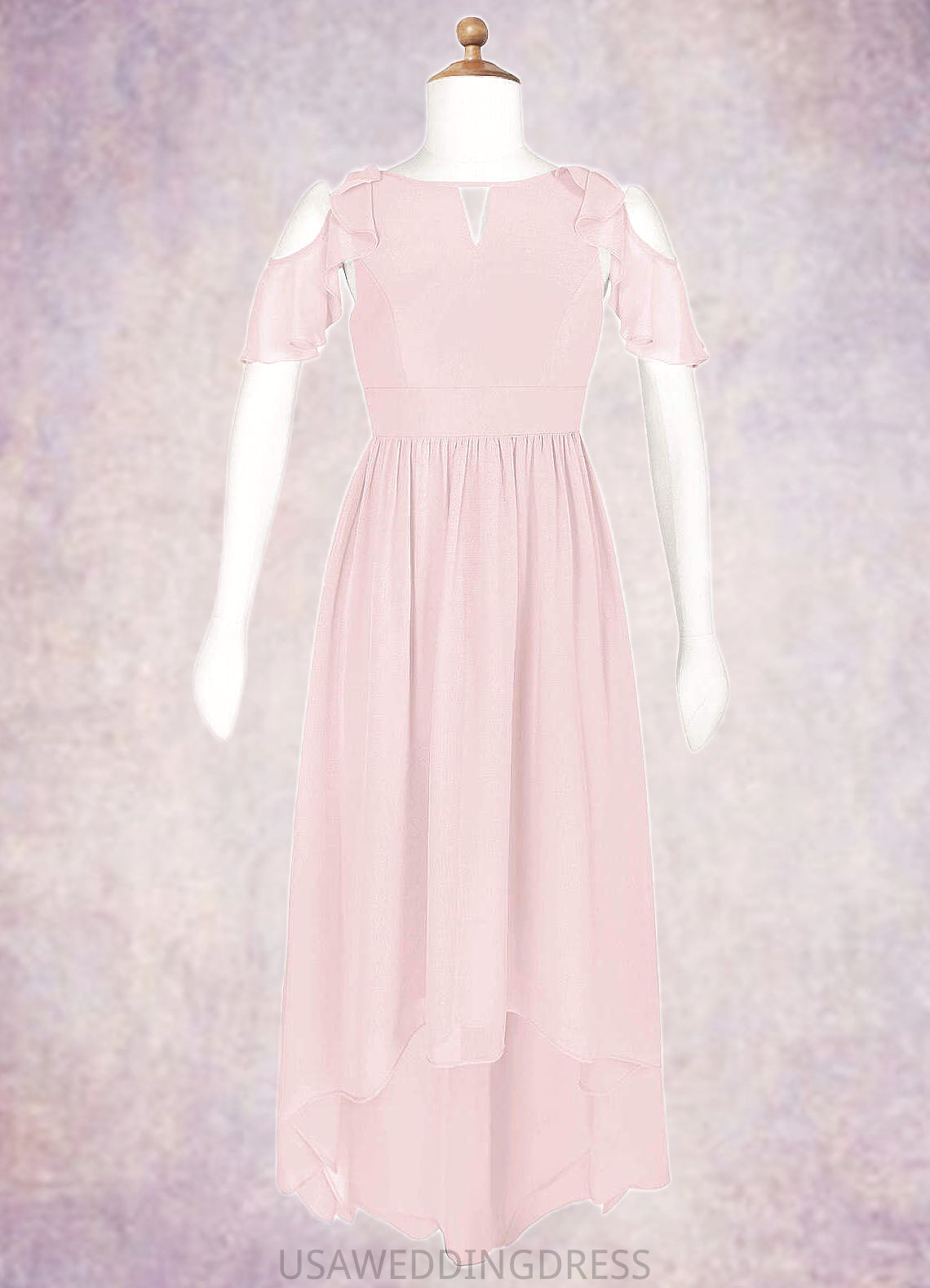 Melina A-Line Ruched Chiffon Asymmetrical Junior Bridesmaid Dress Blushing Pink DSP0022862