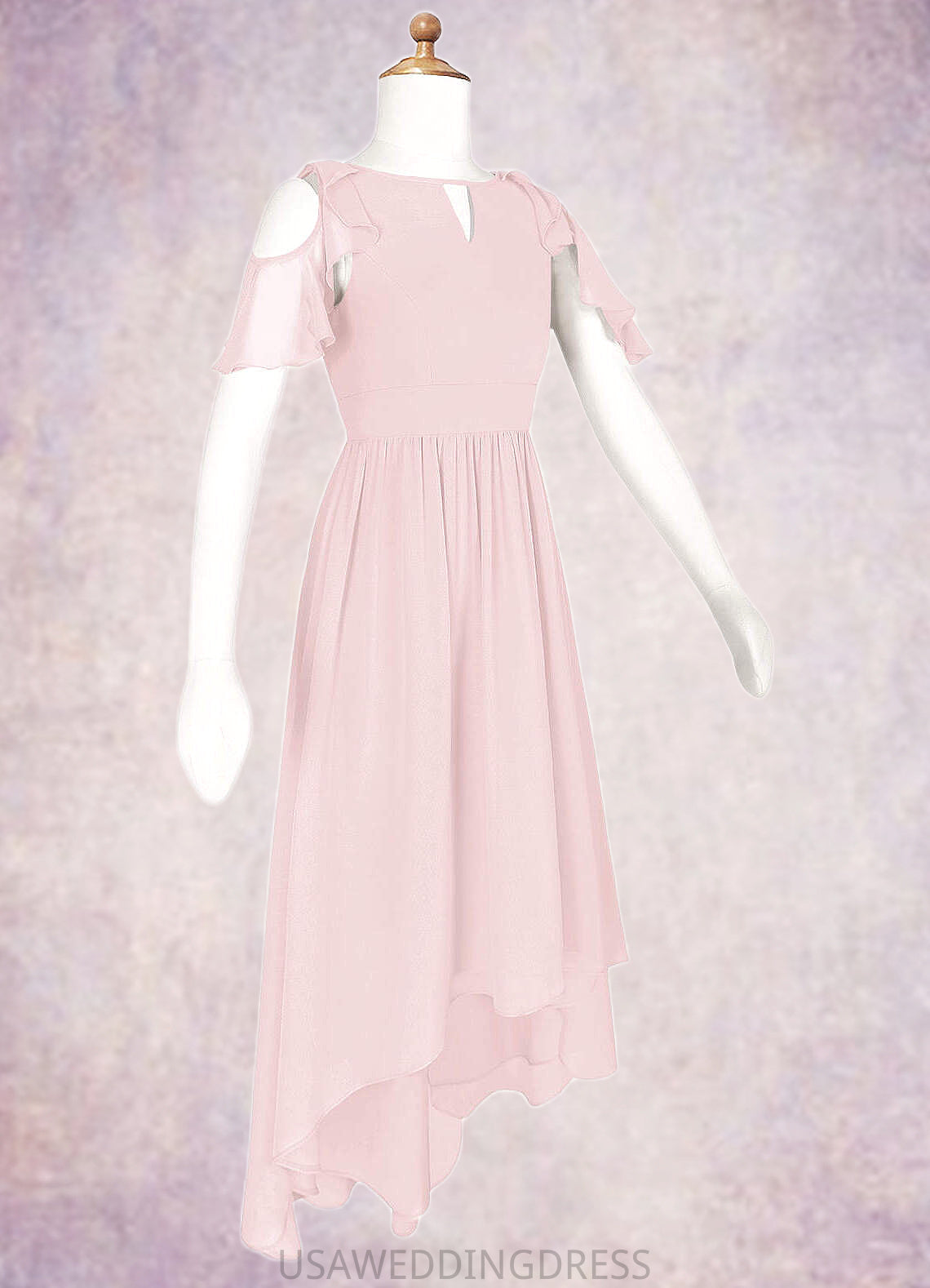 Melina A-Line Ruched Chiffon Asymmetrical Junior Bridesmaid Dress Blushing Pink DSP0022862