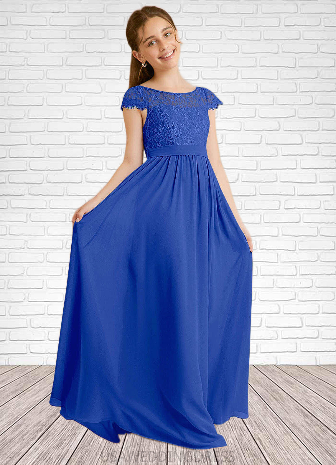 Salma A-Line Pleated Chiffon Floor-Length Junior Bridesmaid Dress Royal Blue DSP0022863