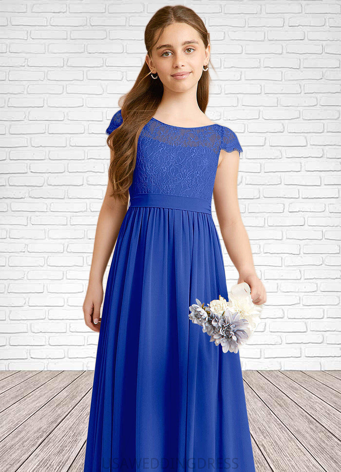 Salma A-Line Pleated Chiffon Floor-Length Junior Bridesmaid Dress Royal Blue DSP0022863