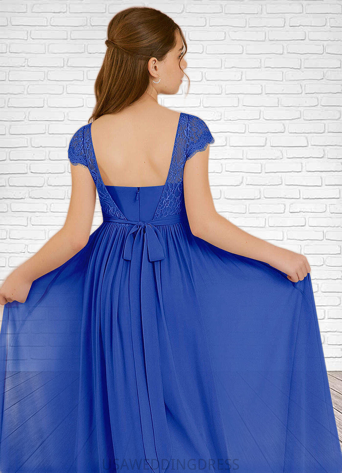 Salma A-Line Pleated Chiffon Floor-Length Junior Bridesmaid Dress Royal Blue DSP0022863