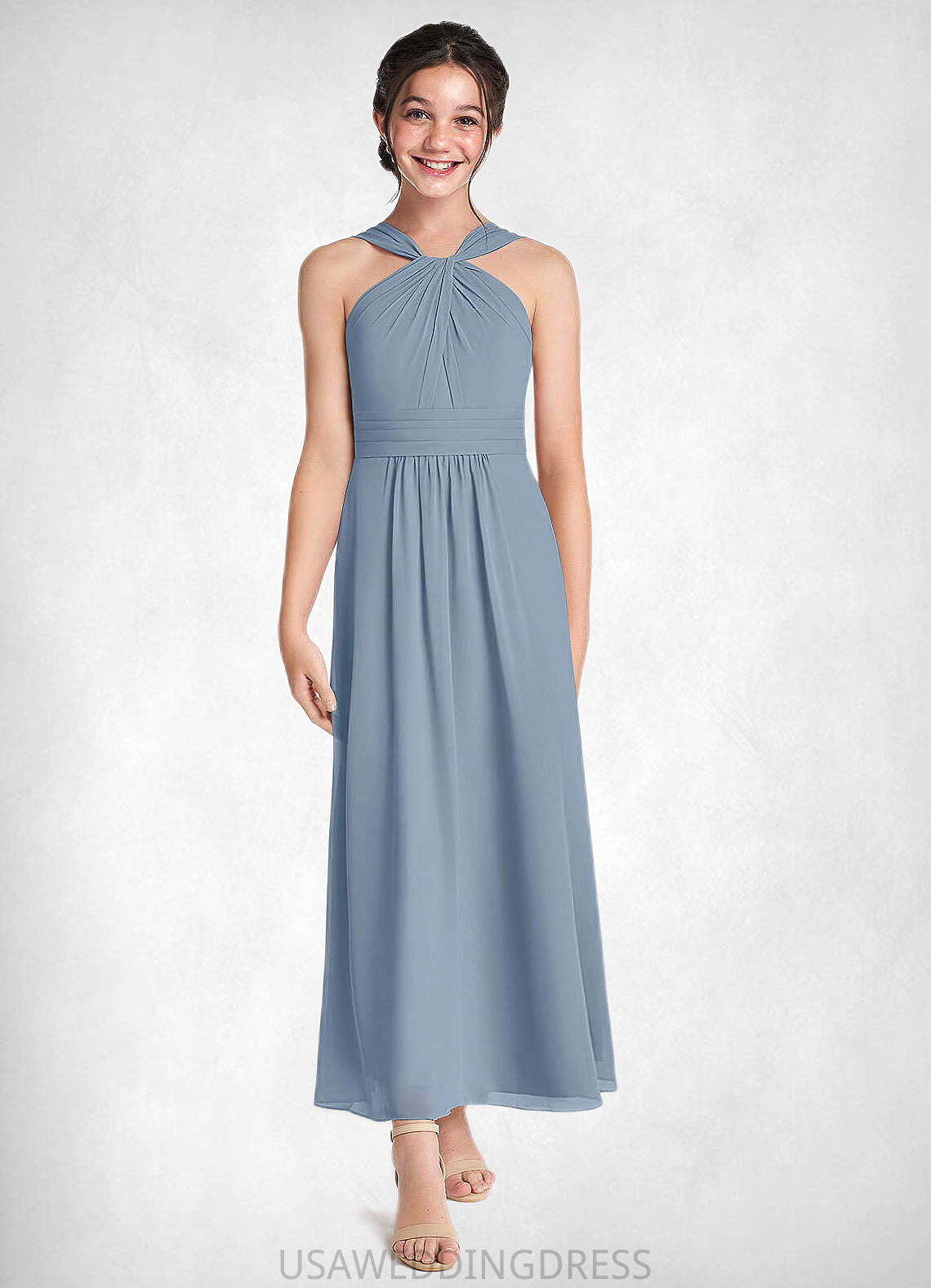 Pauline A-Line Pleated Chiffon Ankle-Length Junior Bridesmaid Dress dusty blue DSP0022866