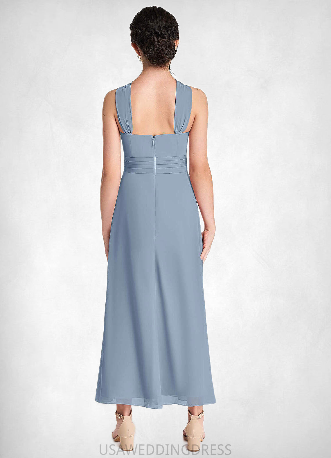 Pauline A-Line Pleated Chiffon Ankle-Length Junior Bridesmaid Dress dusty blue DSP0022866