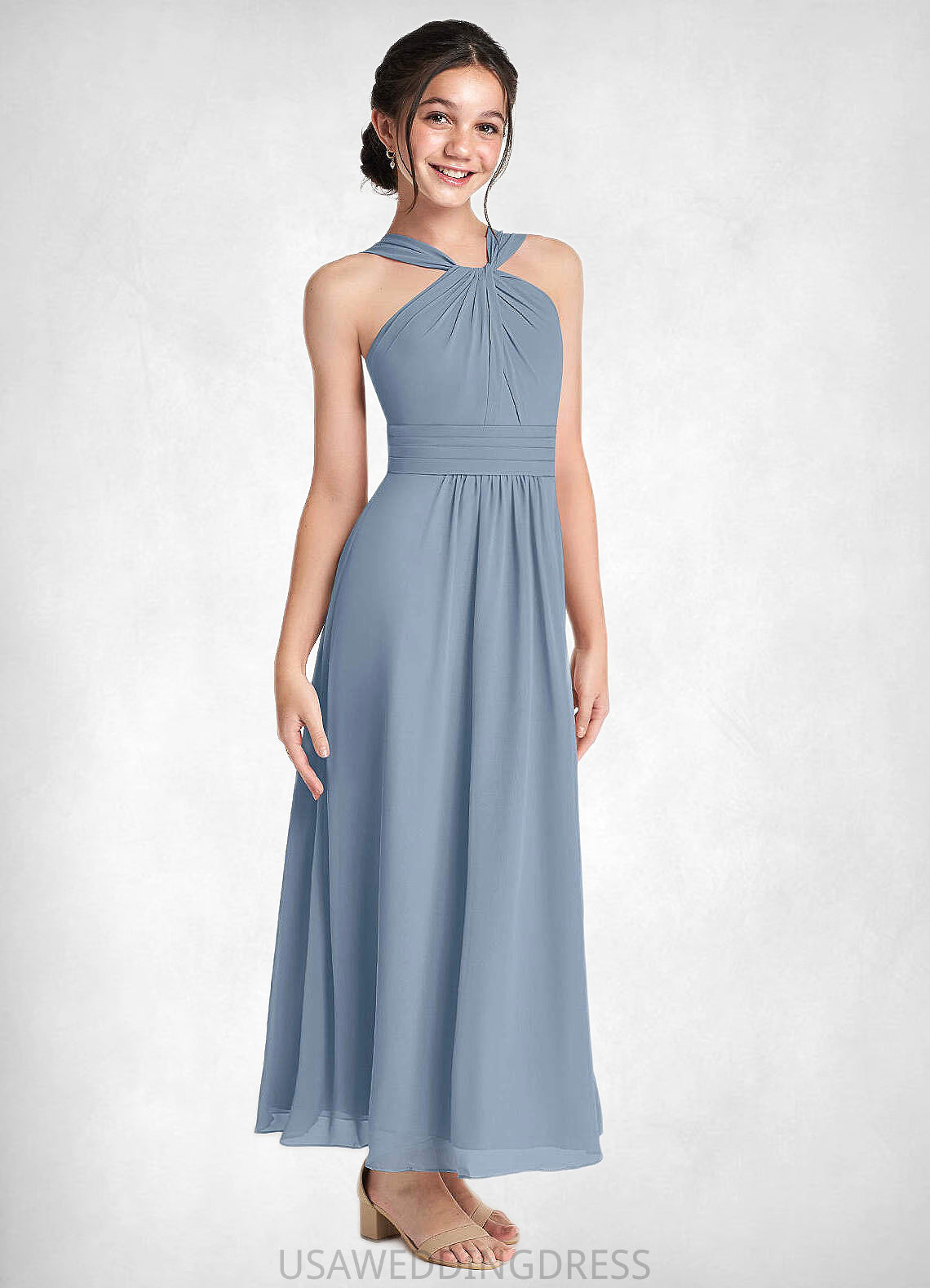 Pauline A-Line Pleated Chiffon Ankle-Length Junior Bridesmaid Dress dusty blue DSP0022866