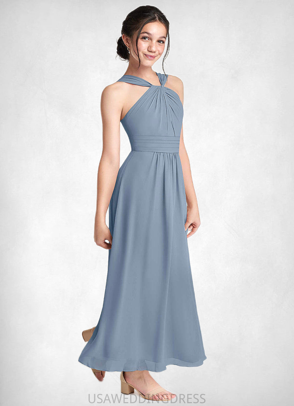Pauline A-Line Pleated Chiffon Ankle-Length Junior Bridesmaid Dress dusty blue DSP0022866