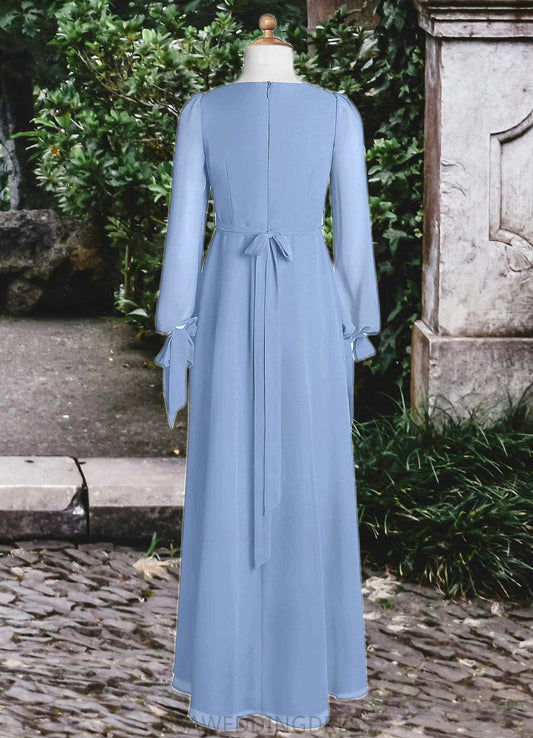 Ariella A-Line Chiffon Floor-Length Junior Bridesmaid Dress with Pockets Steel Blue DSP0022867