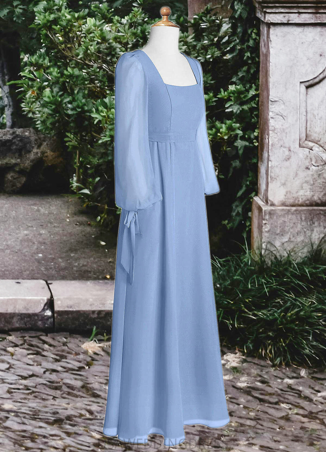 Ariella A-Line Chiffon Floor-Length Junior Bridesmaid Dress with Pockets Steel Blue DSP0022867