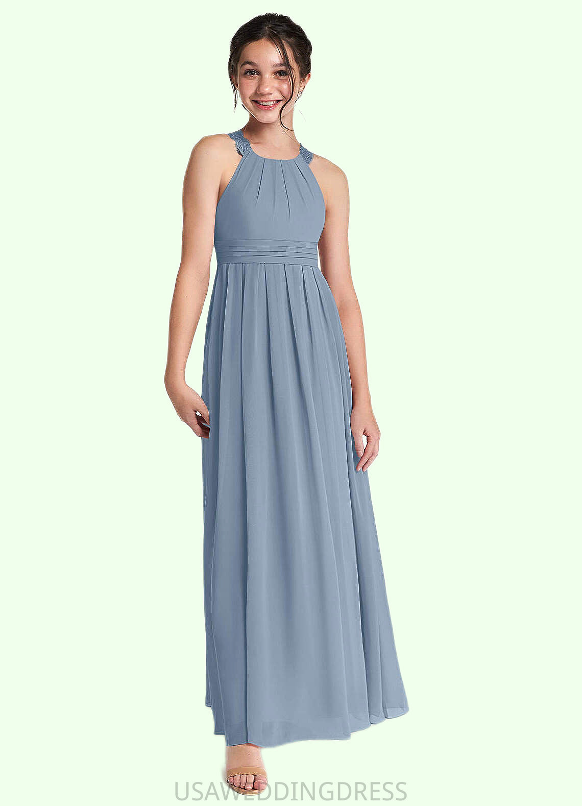 Marissa A-Line Lace Chiffon Floor-Length Junior Bridesmaid Dress dusty blue DSP0022871
