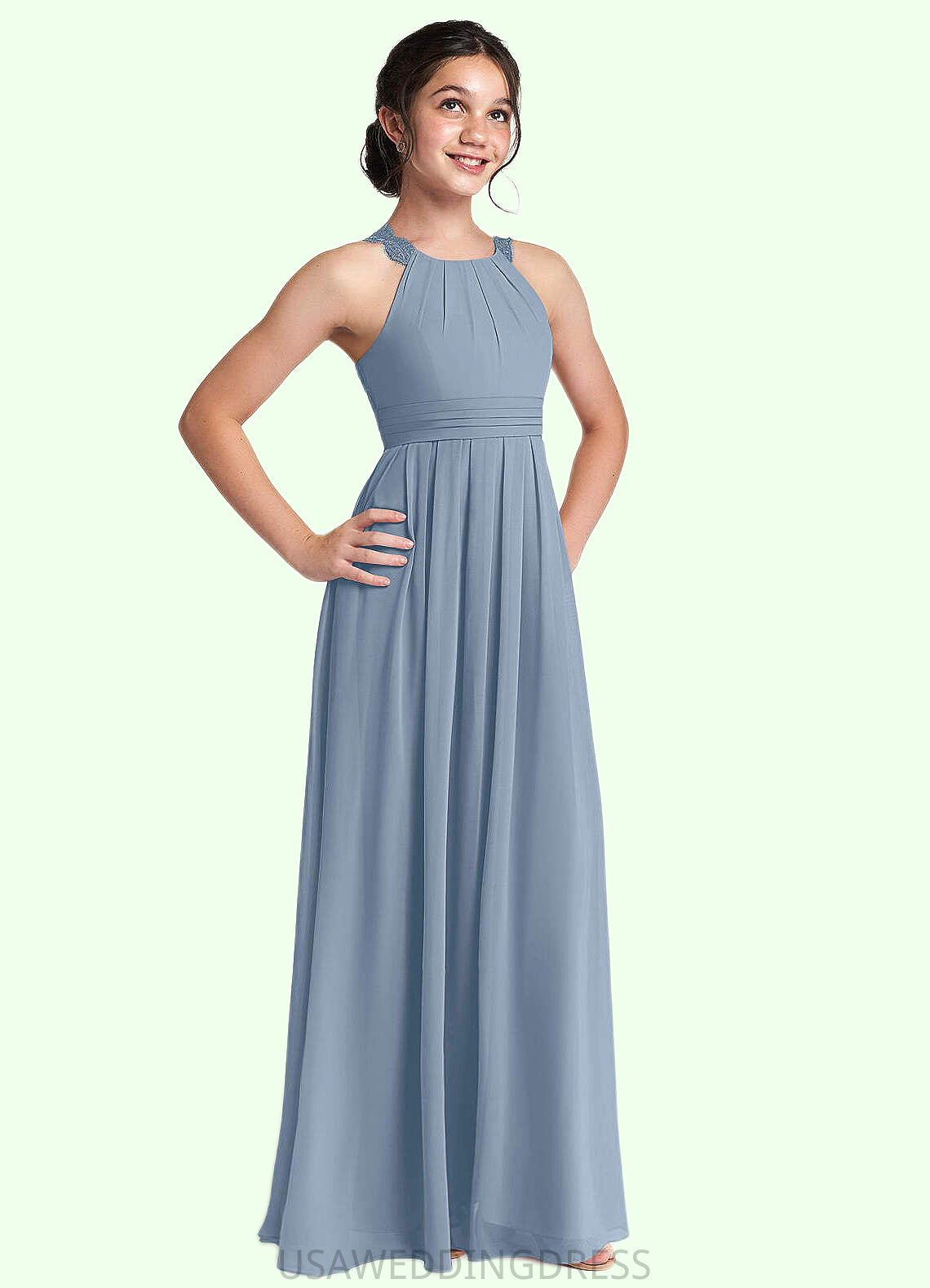 Marissa A-Line Lace Chiffon Floor-Length Junior Bridesmaid Dress dusty blue DSP0022871