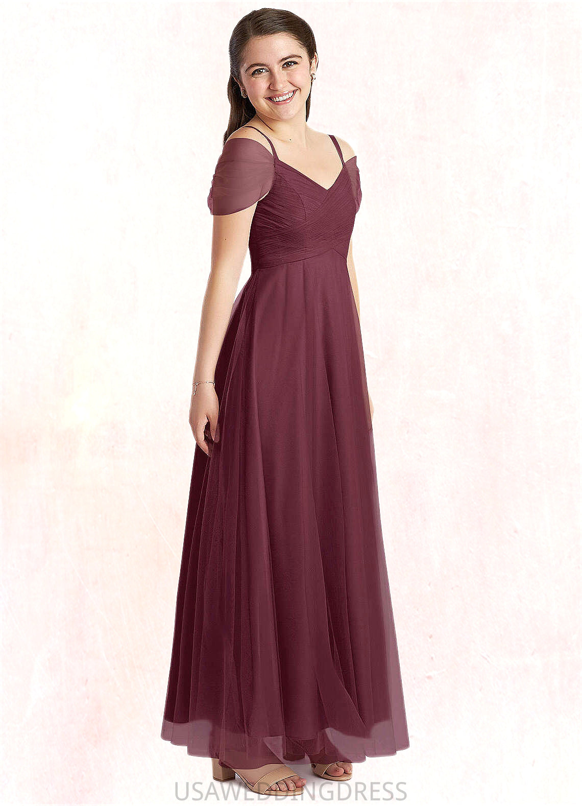 Kaiya A-Line Off the Shoulder Tulle Floor-Length Junior Bridesmaid Dress Cabernet DSP0022873