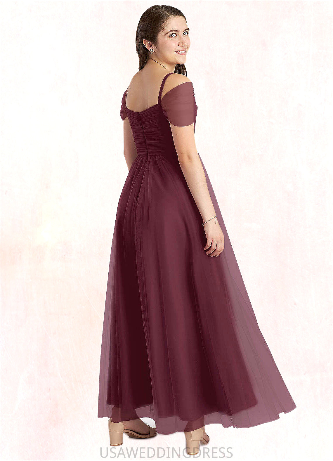 Kaiya A-Line Off the Shoulder Tulle Floor-Length Junior Bridesmaid Dress Cabernet DSP0022873