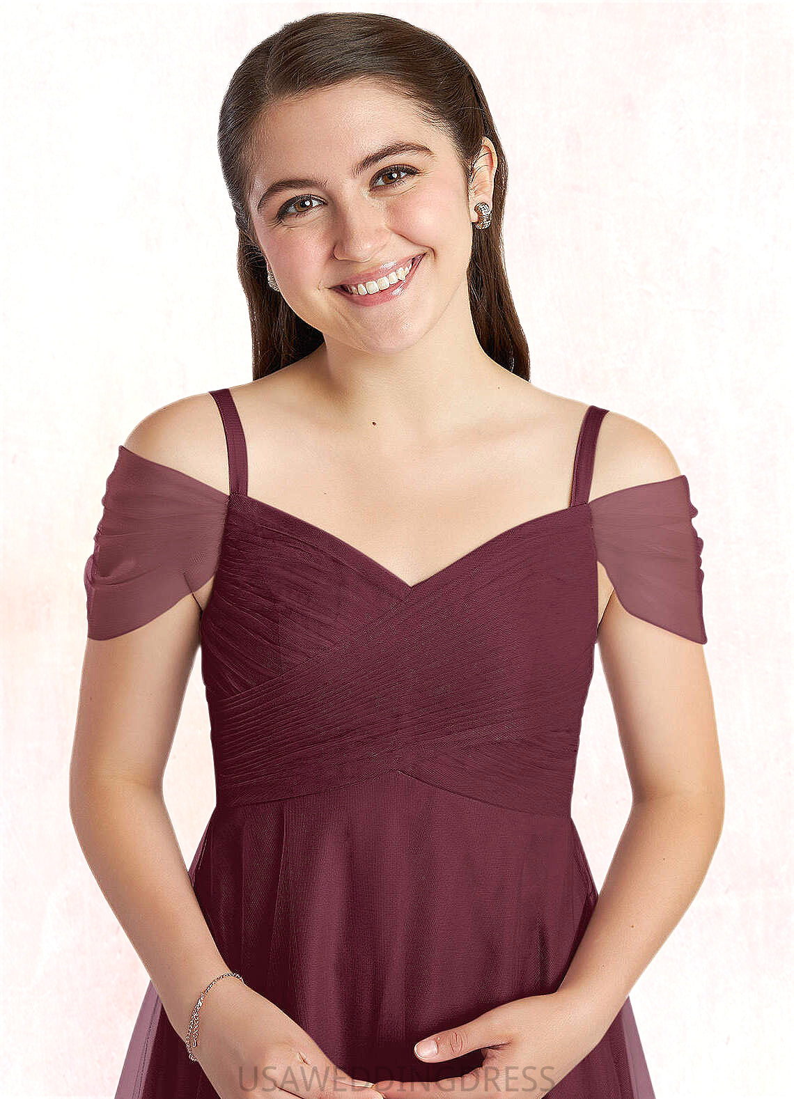 Kaiya A-Line Off the Shoulder Tulle Floor-Length Junior Bridesmaid Dress Cabernet DSP0022873