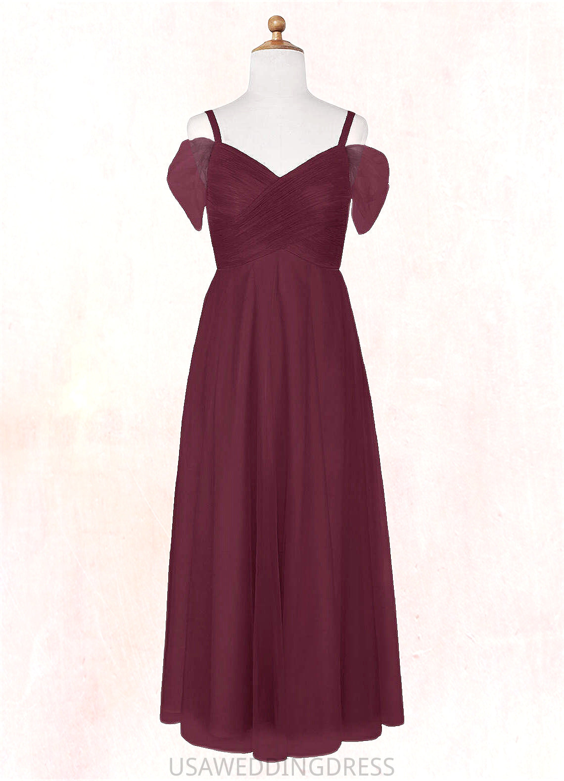 Kaiya A-Line Off the Shoulder Tulle Floor-Length Junior Bridesmaid Dress Cabernet DSP0022873