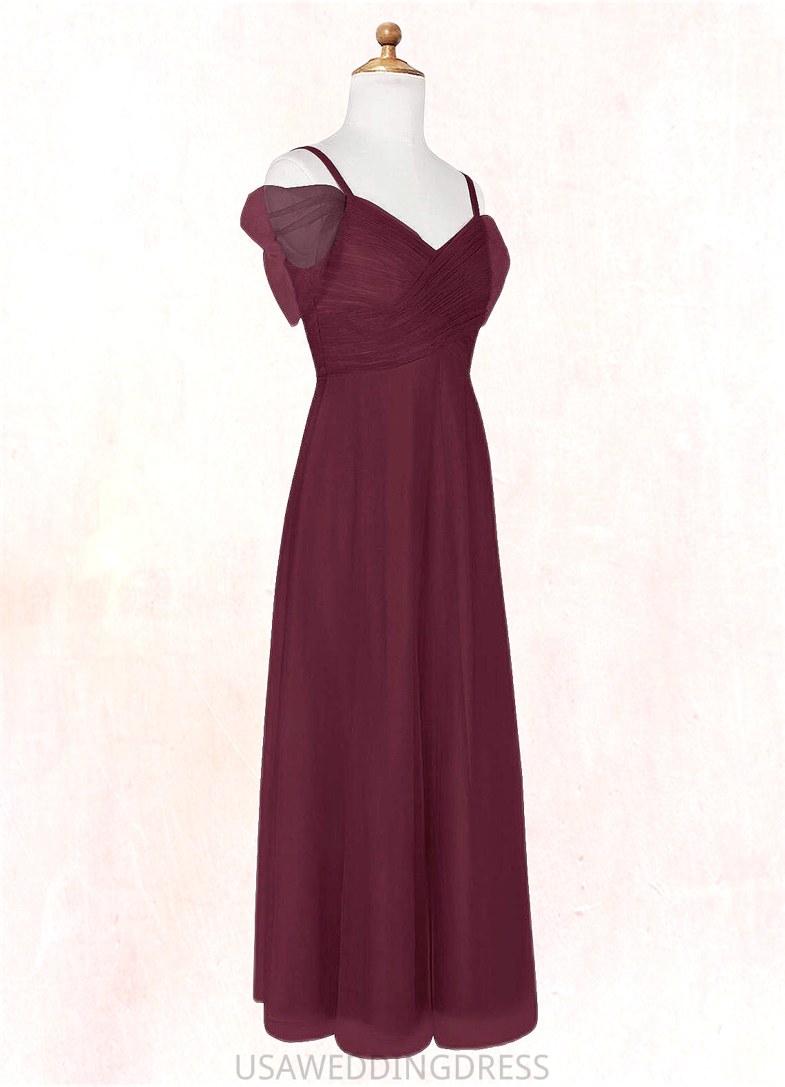 Kaiya A-Line Off the Shoulder Tulle Floor-Length Junior Bridesmaid Dress Cabernet DSP0022873