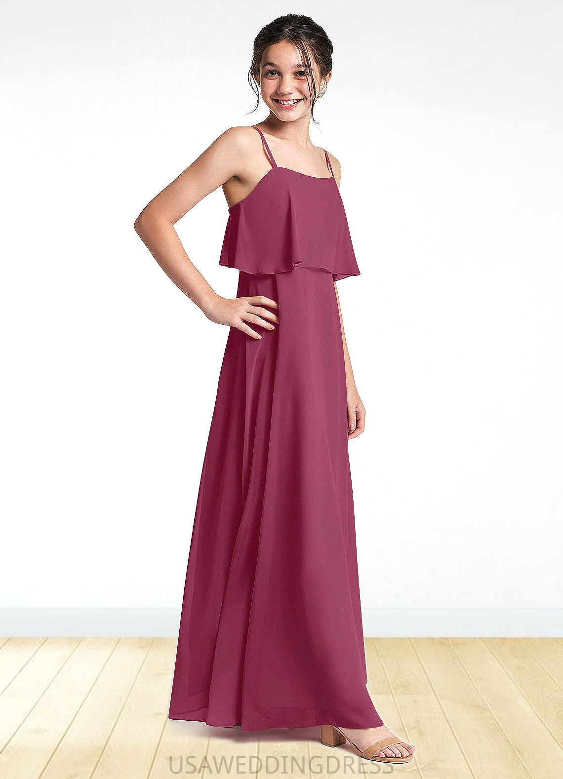 Maritza A-Line Ruched Chiffon Floor-Length Junior Bridesmaid Dress Mulberry DSP0022874