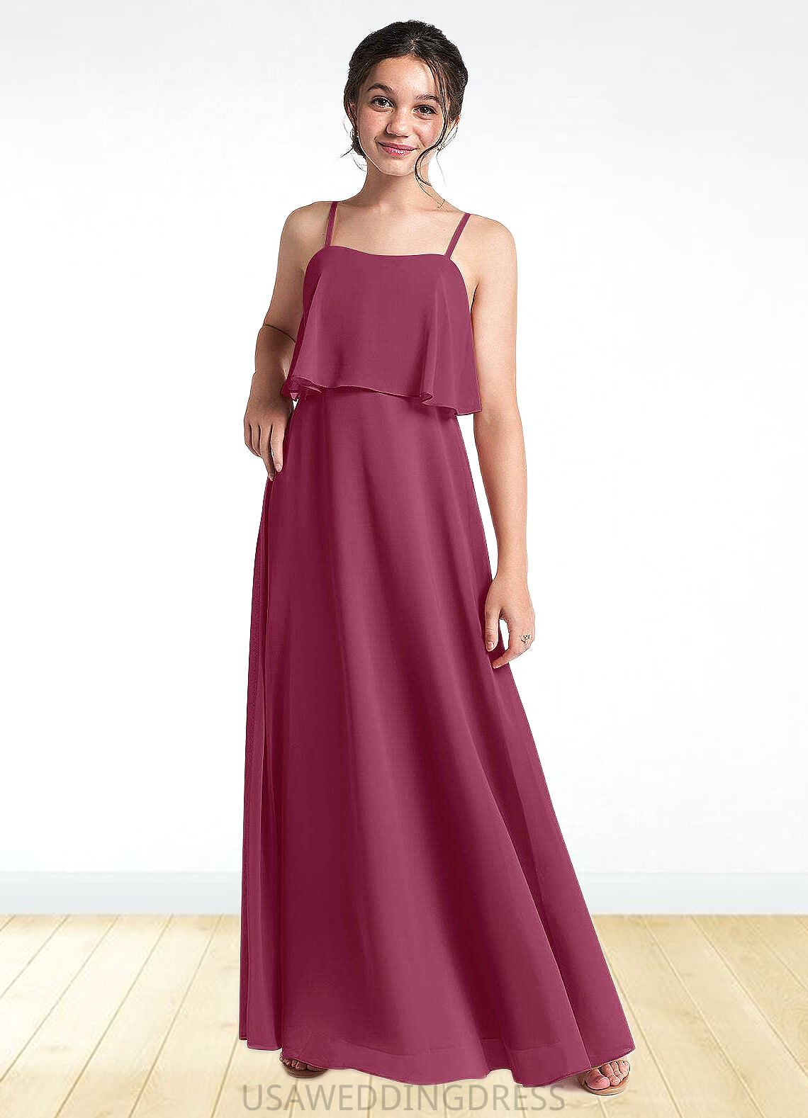 Maritza A-Line Ruched Chiffon Floor-Length Junior Bridesmaid Dress Mulberry DSP0022874