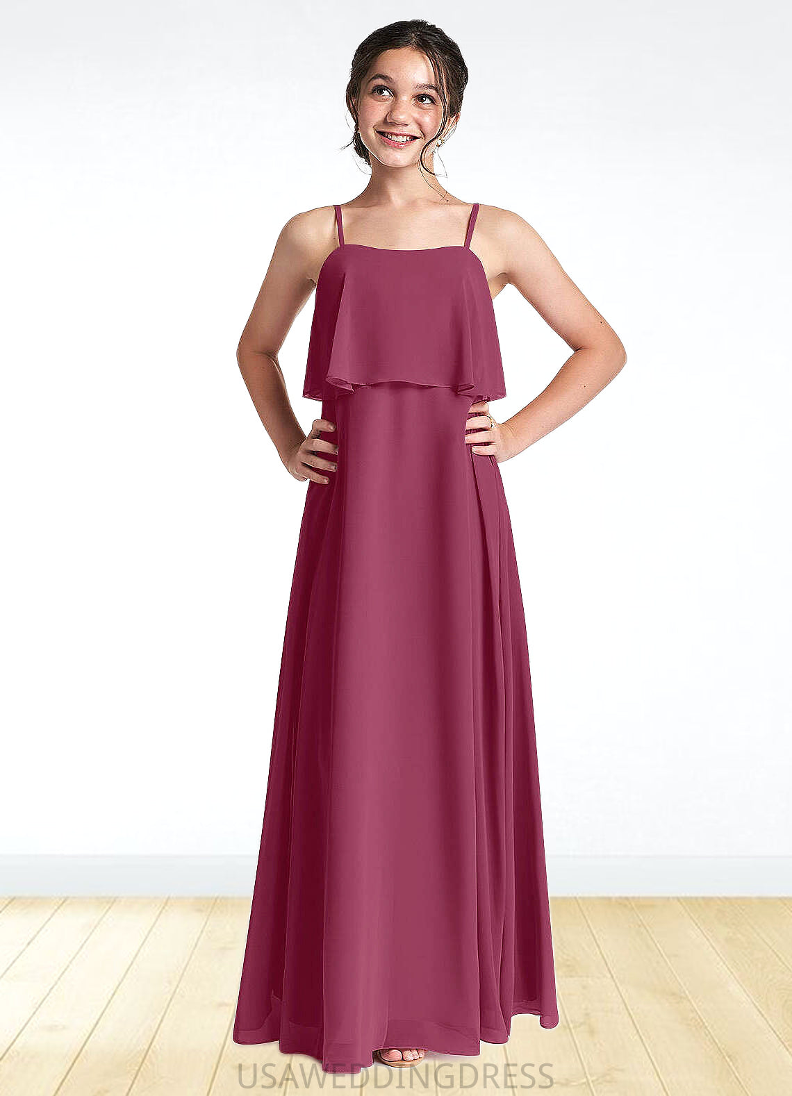 Maritza A-Line Ruched Chiffon Floor-Length Junior Bridesmaid Dress Mulberry DSP0022874
