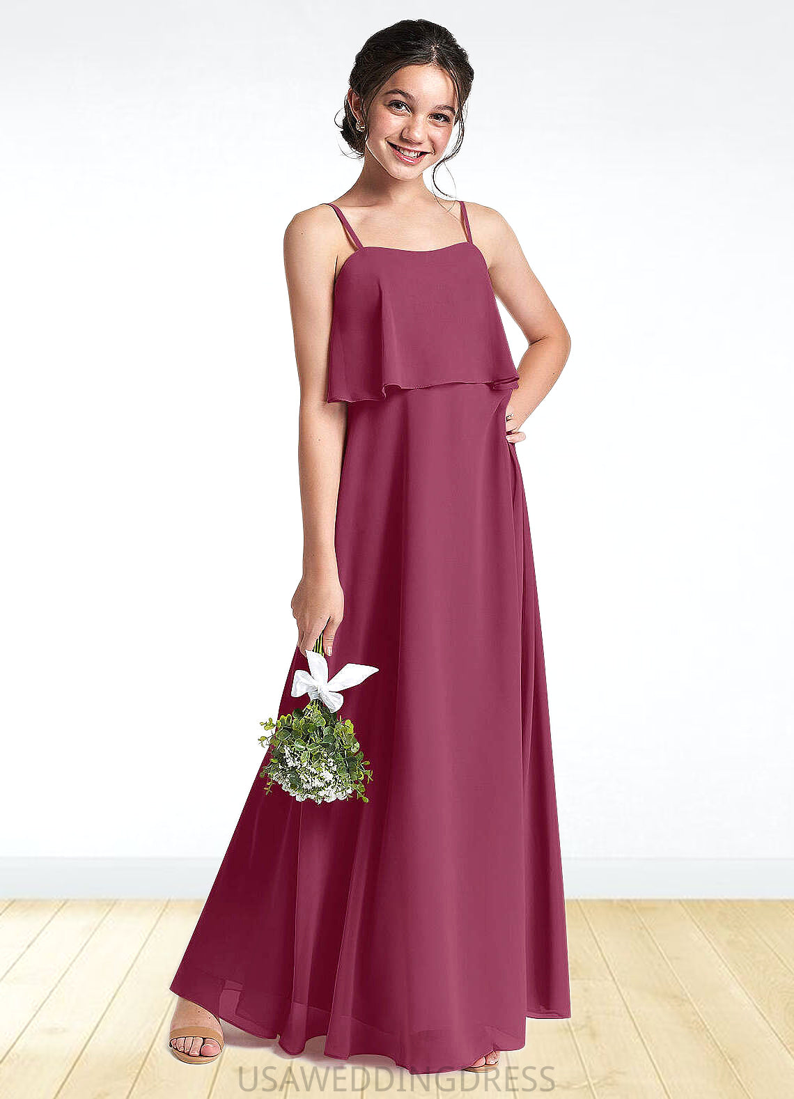 Maritza A-Line Ruched Chiffon Floor-Length Junior Bridesmaid Dress Mulberry DSP0022874