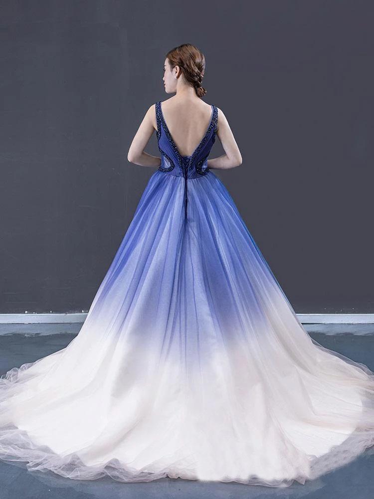 Ball Gown Ombre V Neck Tulle Royal Blue Long Prom Dresses, Quinceanera Dresses SRS15067