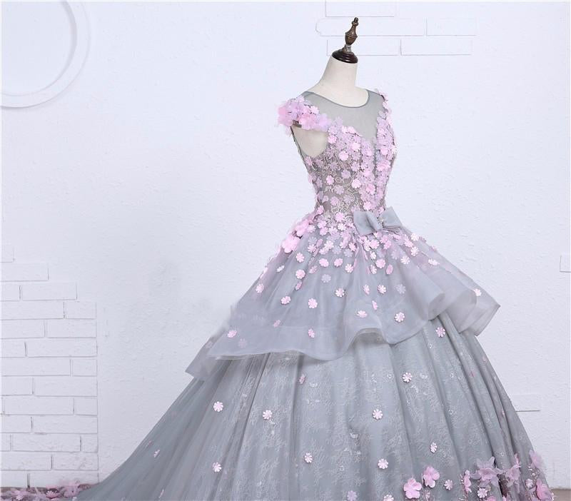 Scoop Ball Gown Gray Tulle Sleeveless Bowknot Empire Waist Wedding Dress with Pink Flowers RS576