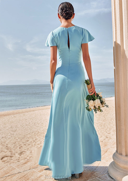 Sheath/Column V Neck Short Sleeve Floor-Length Stretch Satin Bridesmaid Dresses with Pleated Jimena SRSP0025225