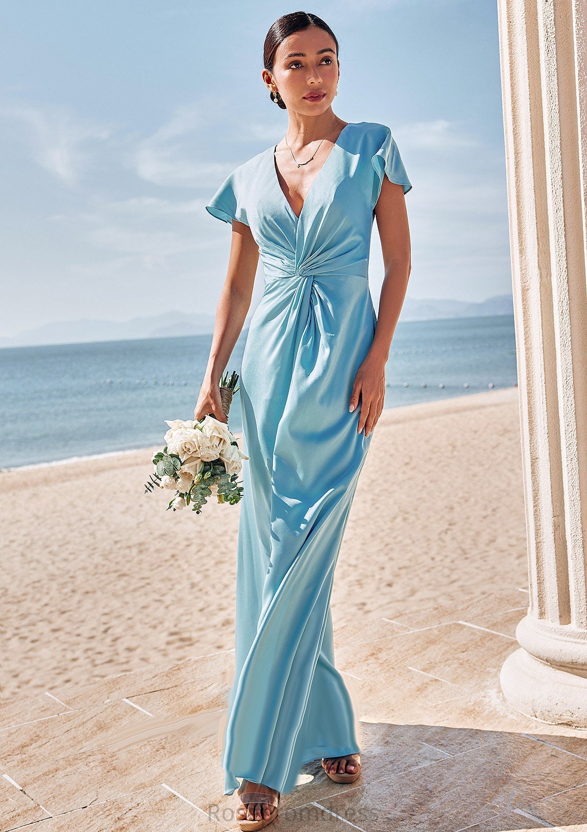 Sheath/Column V Neck Short Sleeve Floor-Length Stretch Satin Bridesmaid Dresses with Pleated Jimena SRSP0025225