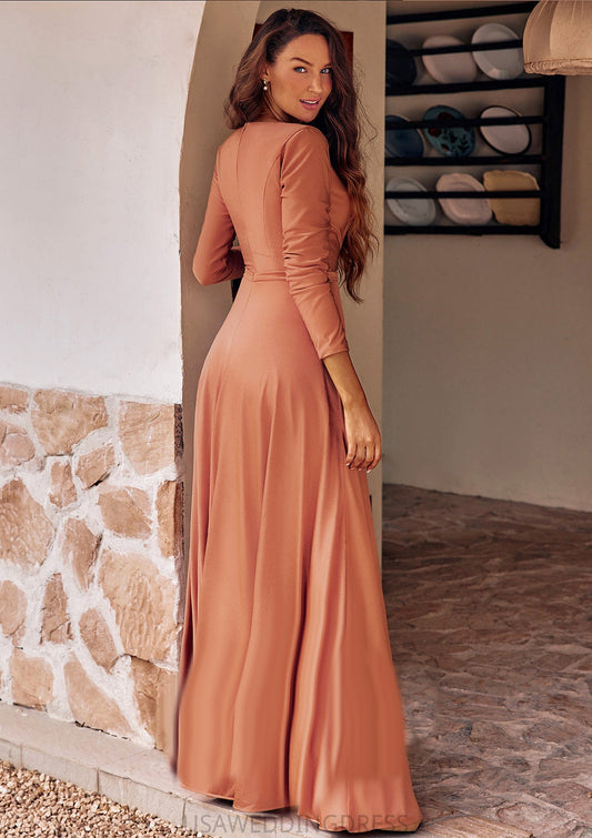 A-line V Neck Full/Long Sleeve Floor-Length Jersey Bridesmaid Dresses with Pleated Sashes Yvonne DSP0025246