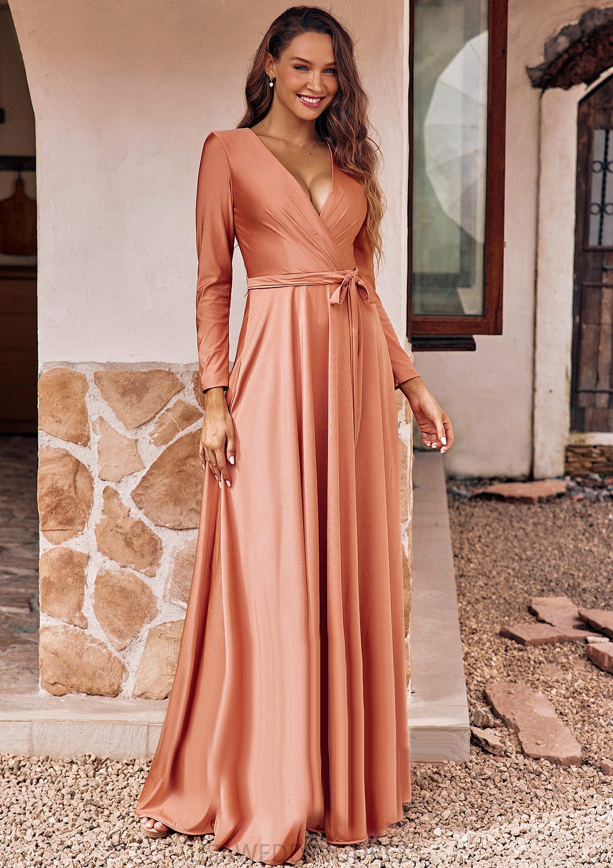 A-line V Neck Full/Long Sleeve Floor-Length Jersey Bridesmaid Dresses with Pleated Sashes Yvonne DSP0025246