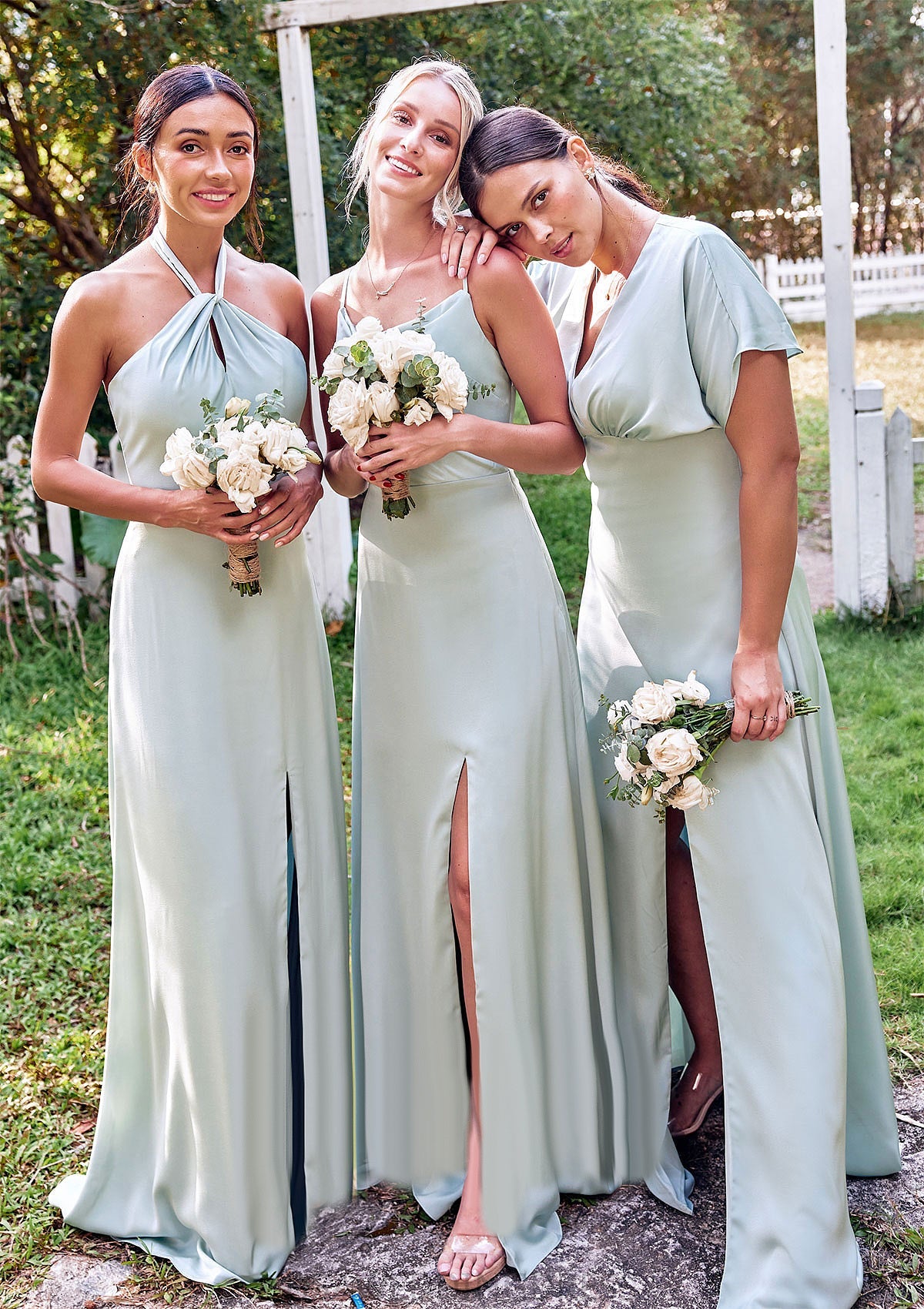 Empire V Neck Short Sleeve Floor-Length Stretch Satin Bridesmaid Dresses with Split Ryleigh DSP0025249