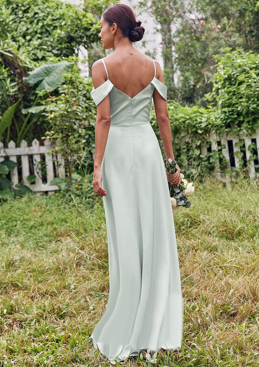 A-line V Neck Sleeveless Floor-Length Stretch Satin Bridesmaid Dresses with Split Aliyah DSP0025263
