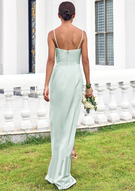 Sheath/Column Square Neckline Sleeveless Floor-Length Stretch Satin Bridesmaid Dresses with Pleated Split Barbara DSP0025264