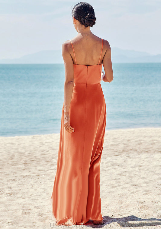 A-line Cowl Neck Sleeveless Long/Floor-Length Stretch Satin Bridesmaid Dresses with Pleated Split Isabelle DSP0025265