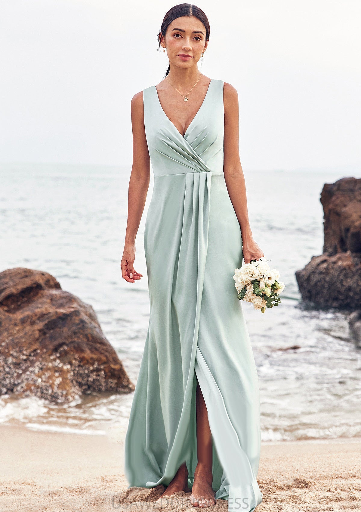 Sheath/Column V Neck Sleeveless Floor-Length Stretch Satin Bridesmaid Dresses with Pleated Split Evelyn DSP0025279