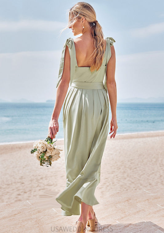 Sheath/Column Square Neckline Sleeveless Tea-Length Stretch Satin Bridesmaid Dresses with Bowknot Ruffles Split Nina DSP0025280