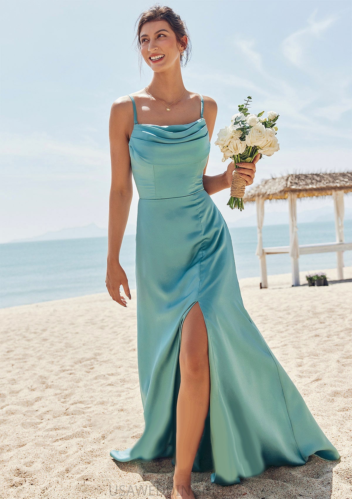 Sheath/Column Square Neckline Sleeveless Floor-Length Stretch Satin Bridesmaid Dresses with Pleated Split Willow DSP0025282
