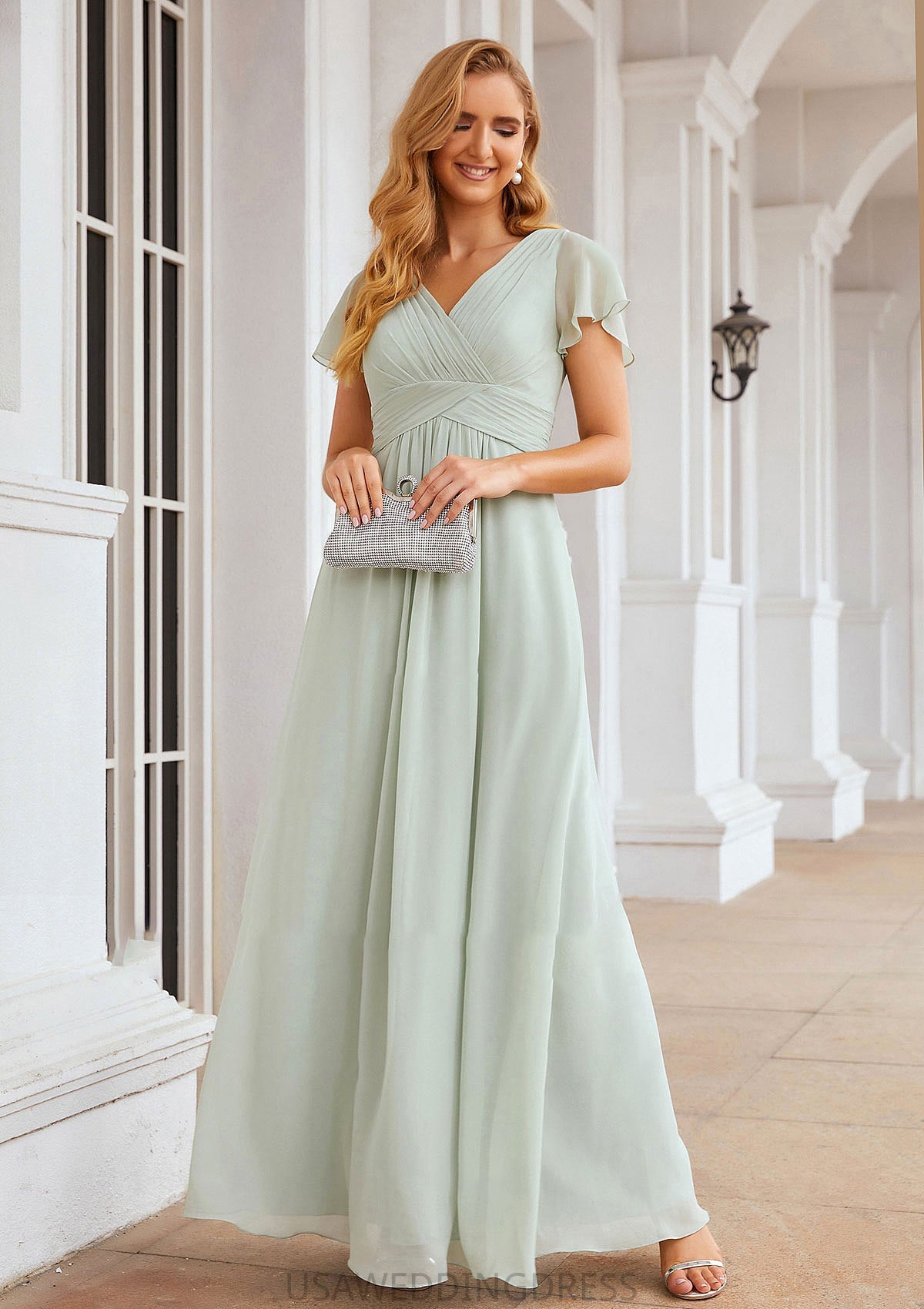A-line V Neck Short Sleeve Long/Floor-Length Chiffon Bridesmaid Dresses With Pleated Cassie DSP0025309