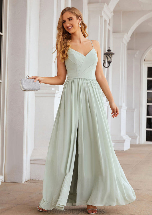 A-line V Neck Sleeveless Long/Floor-Length Chiffon Bridesmaid Dresses With Pleated Split Skyla DSP0025327