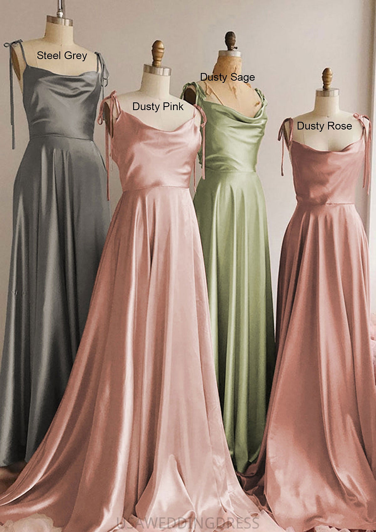 A-line Cowl Neck Spaghetti Straps Long/Floor-Length Charmeuse Bridesmaid Dresses With Split Camilla DSP0025330