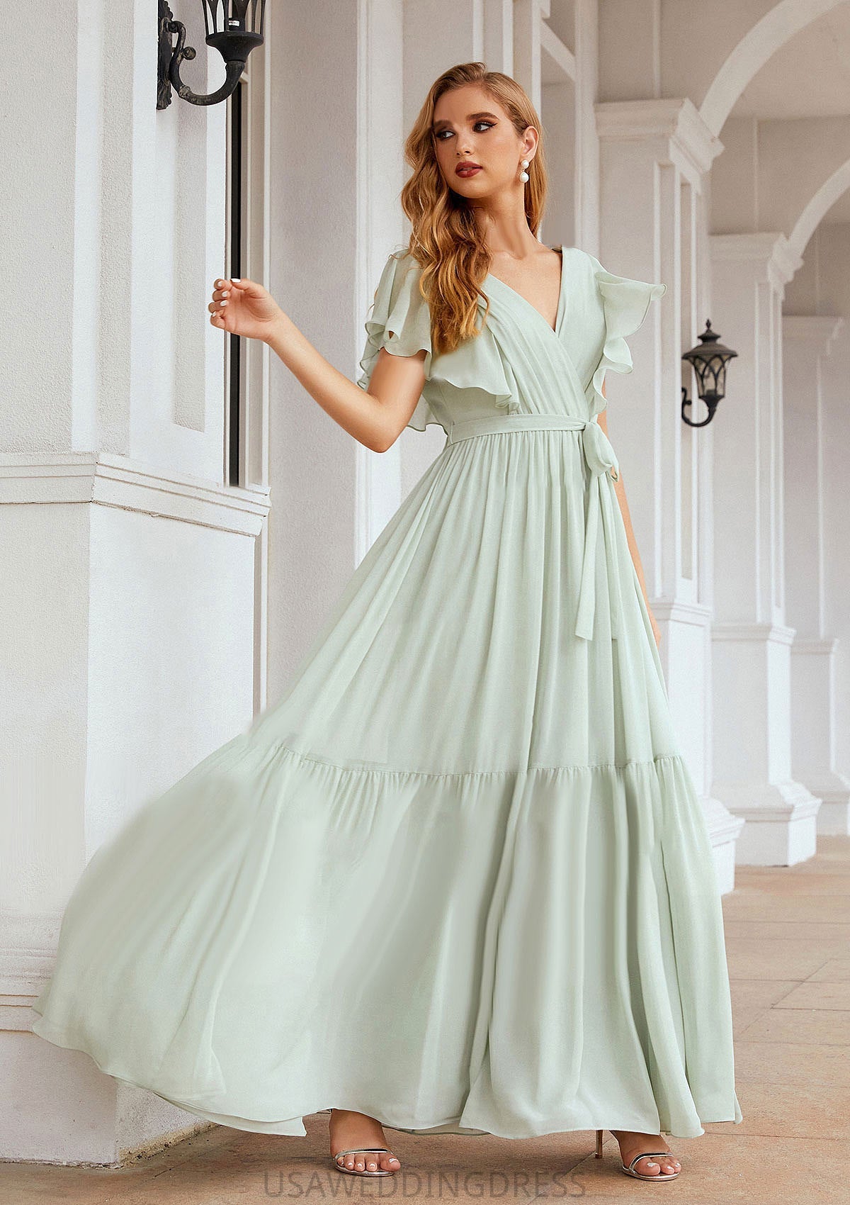 A-line V Neck Short Sleeve Chiffon Long/Floor-Length Bridesmaid Dresses With Pleated Sadie DSP0025331