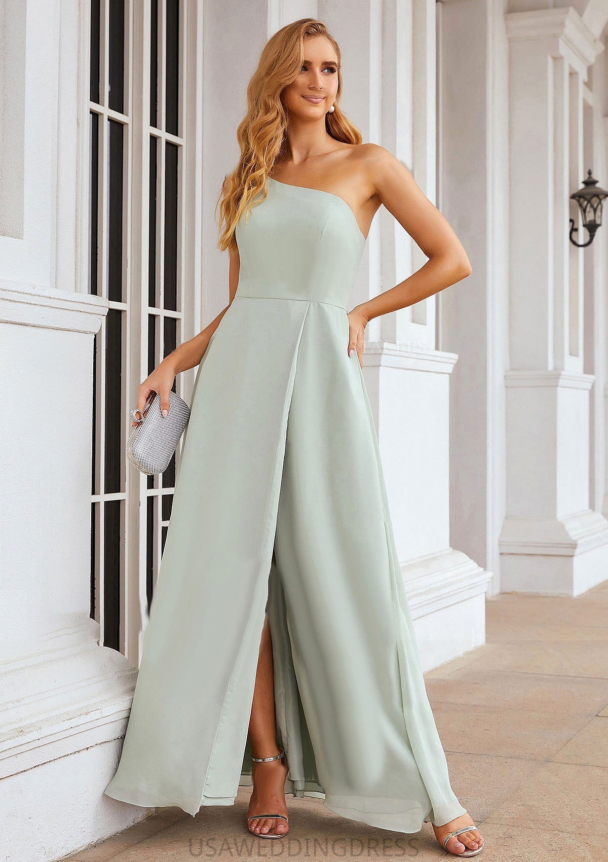 A-line One-Shoulder Sleeveless Long/Floor-Length Chiffon Bridesmaid Dresses With Split Dixie DSP0025333