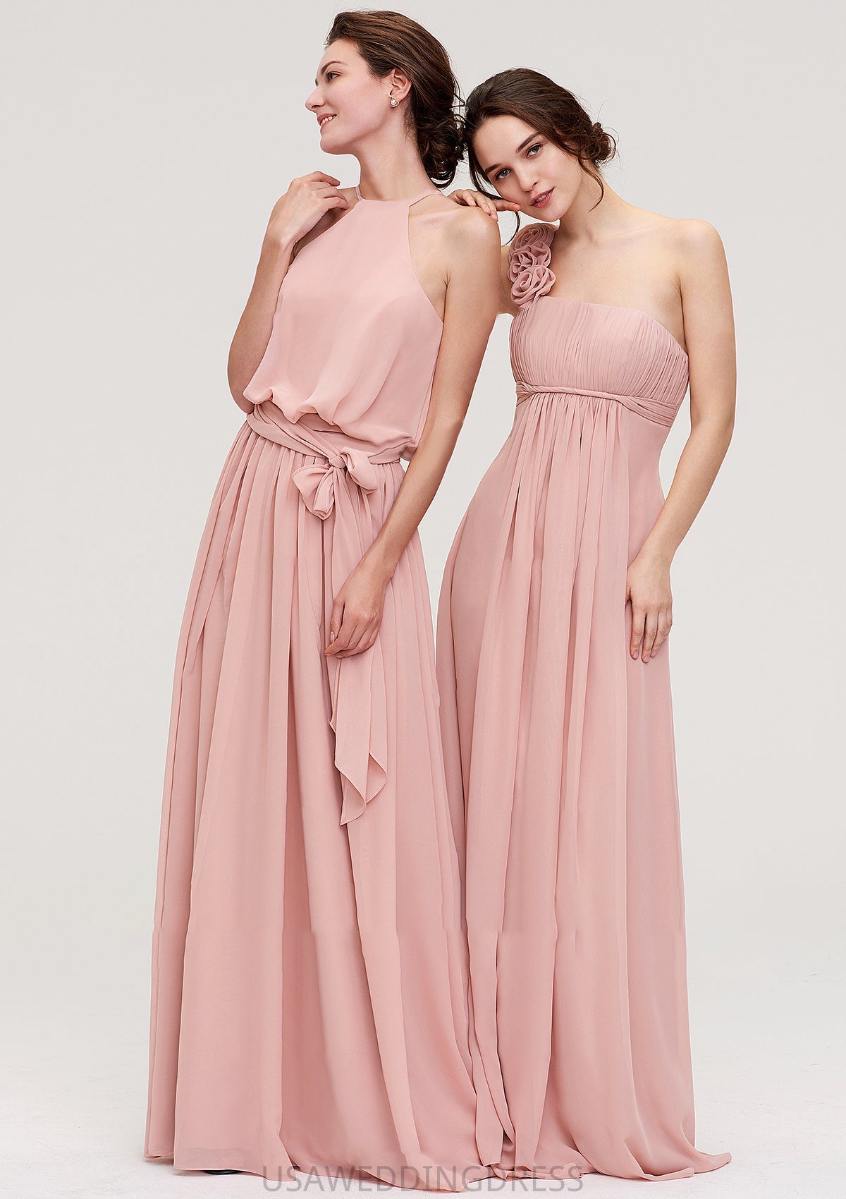Sleeveless One-Shoulder Long/Floor-Length Chiffon A-line/Princess Bridesmaid Dresses With Pleated Flowers Mariah DSP0025346