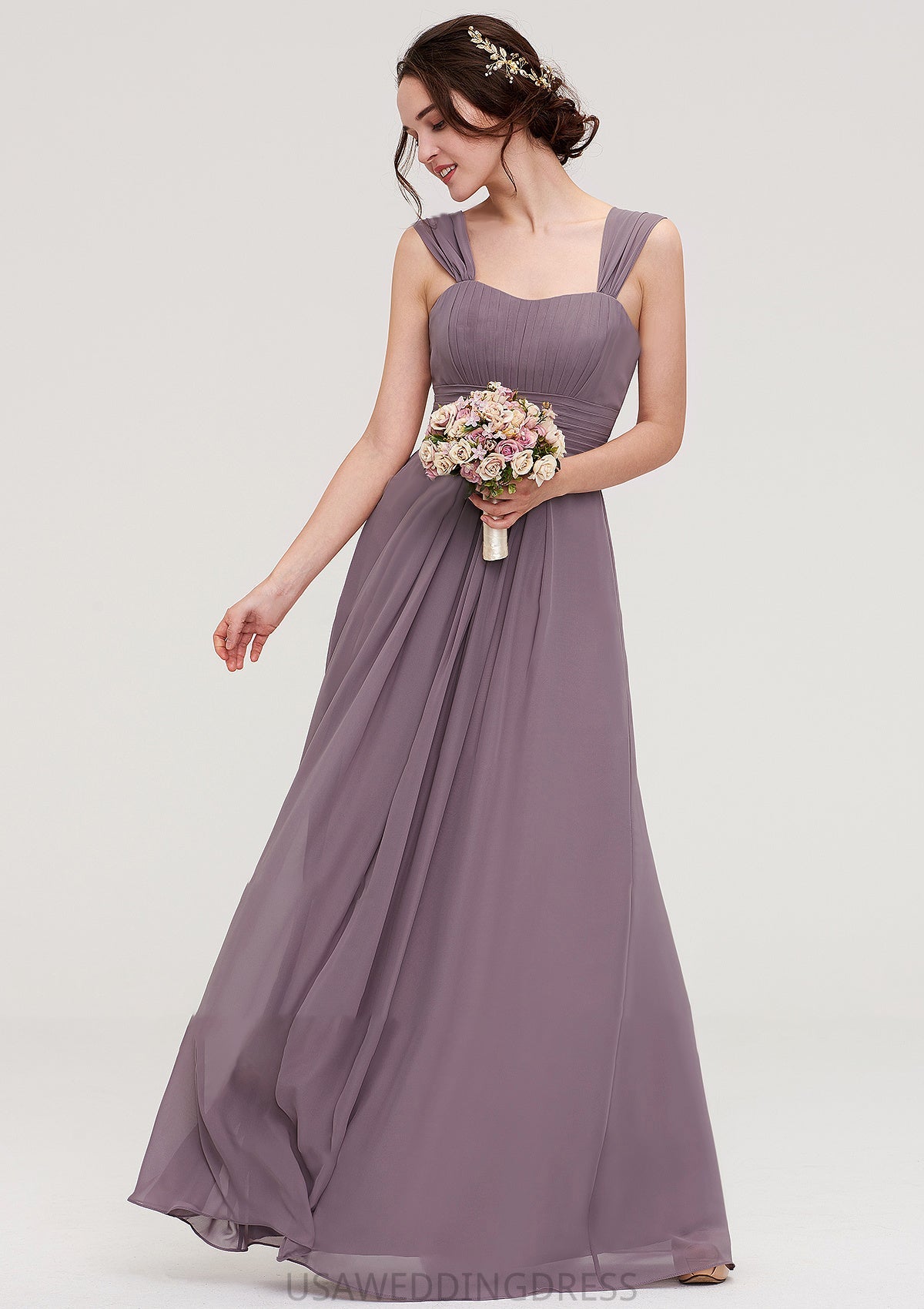 Square Neckline Sleeveless Chiffon Long/Floor-Length A-line/Princess Bridesmaid Dresses With Pleated Lola DSP0025356