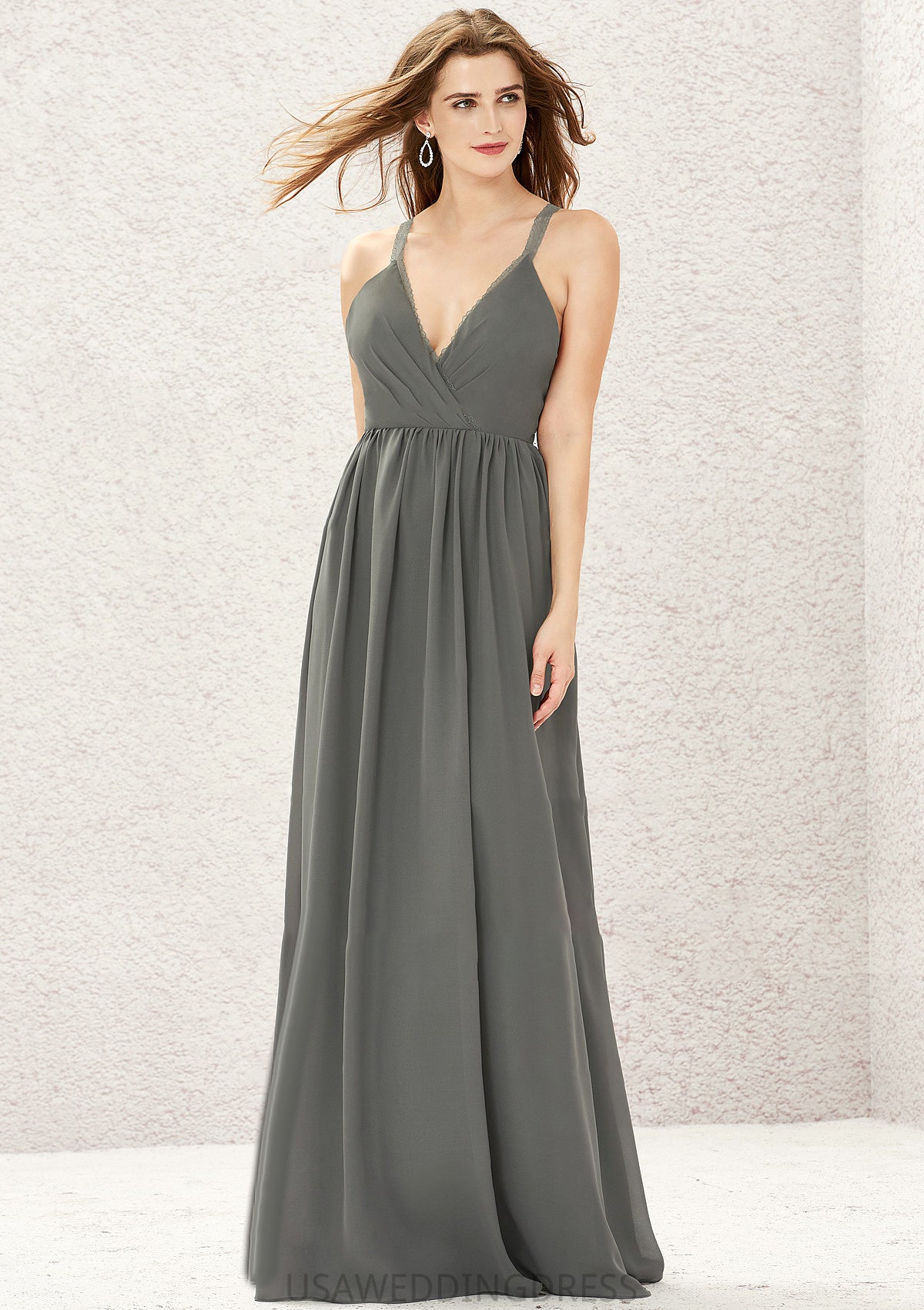 A-line V Neck Sleeveless Chiffon Long/Floor-Length Bridesmaid Dresses With Pleated Lace Brisa DSP0025367