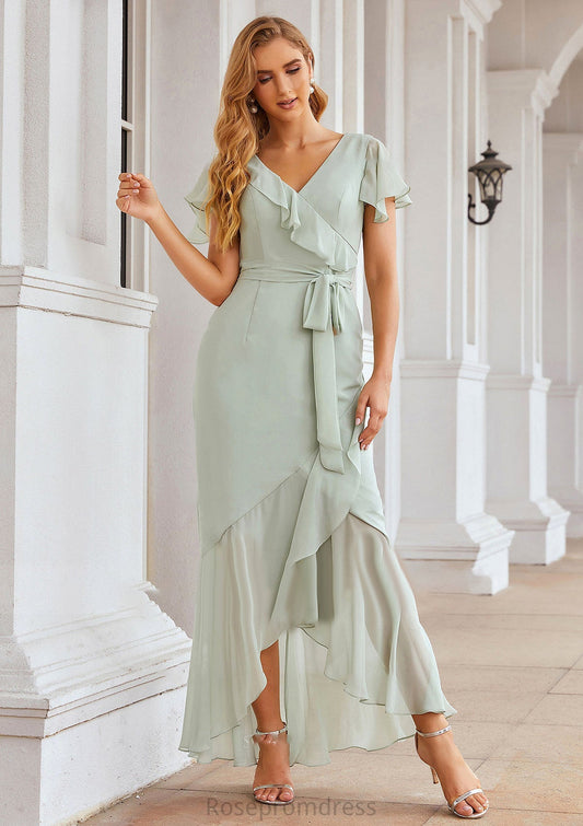 Sheath/Column V Neck Short Sleeve Asymmetrical Chiffon Bridesmaid Dresses With Ruffles Waistband Split Macey SRSP0025375