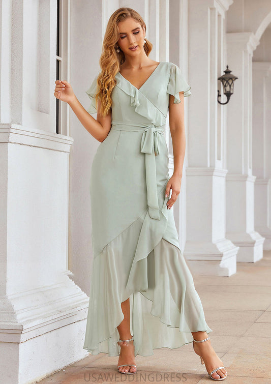 Sheath/Column V Neck Short Sleeve Asymmetrical Chiffon Bridesmaid Dresses With Ruffles Waistband Split Diya DSP0025375